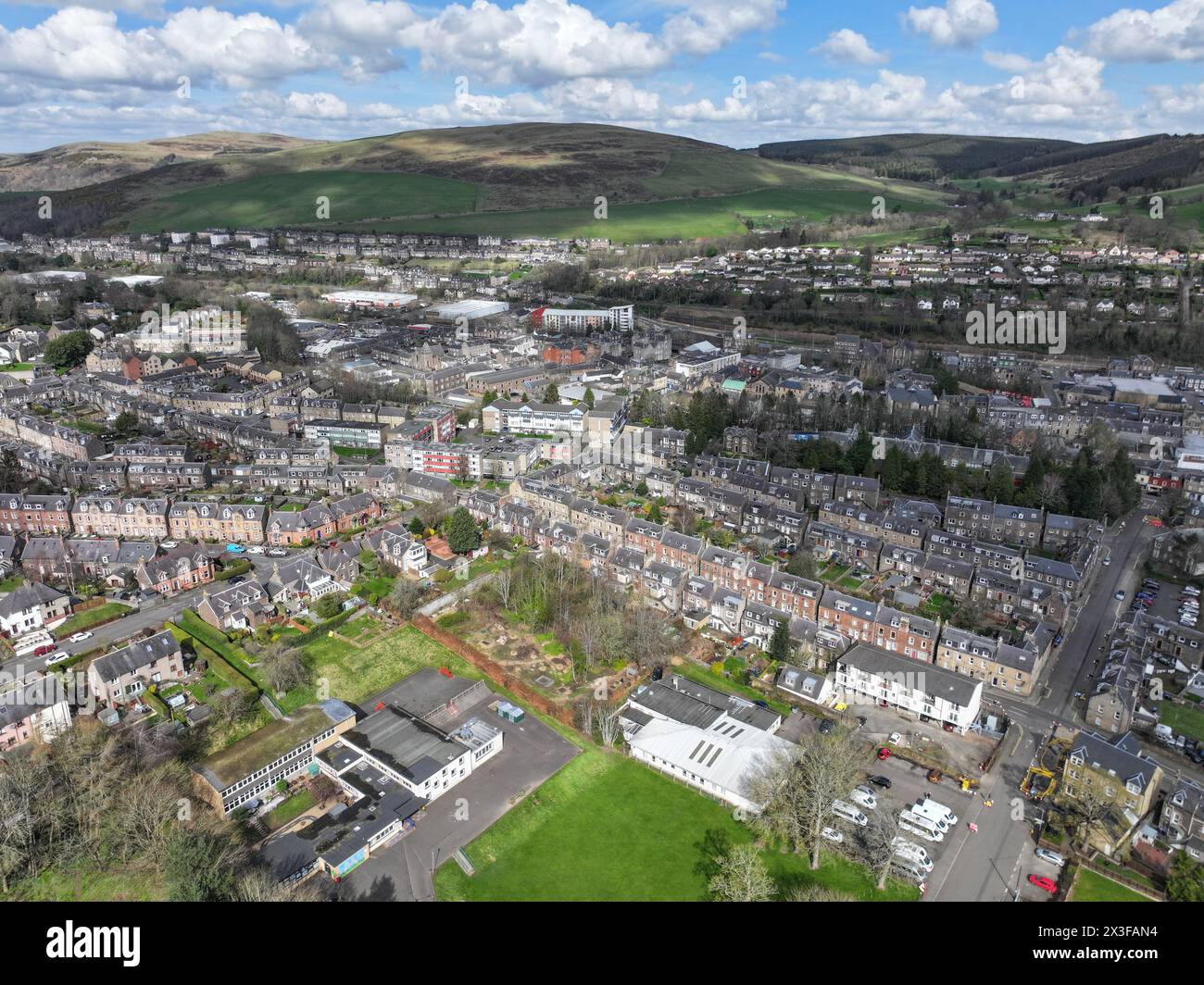 Aerial drone view of Galashiels Scottish Borders Stock Photo