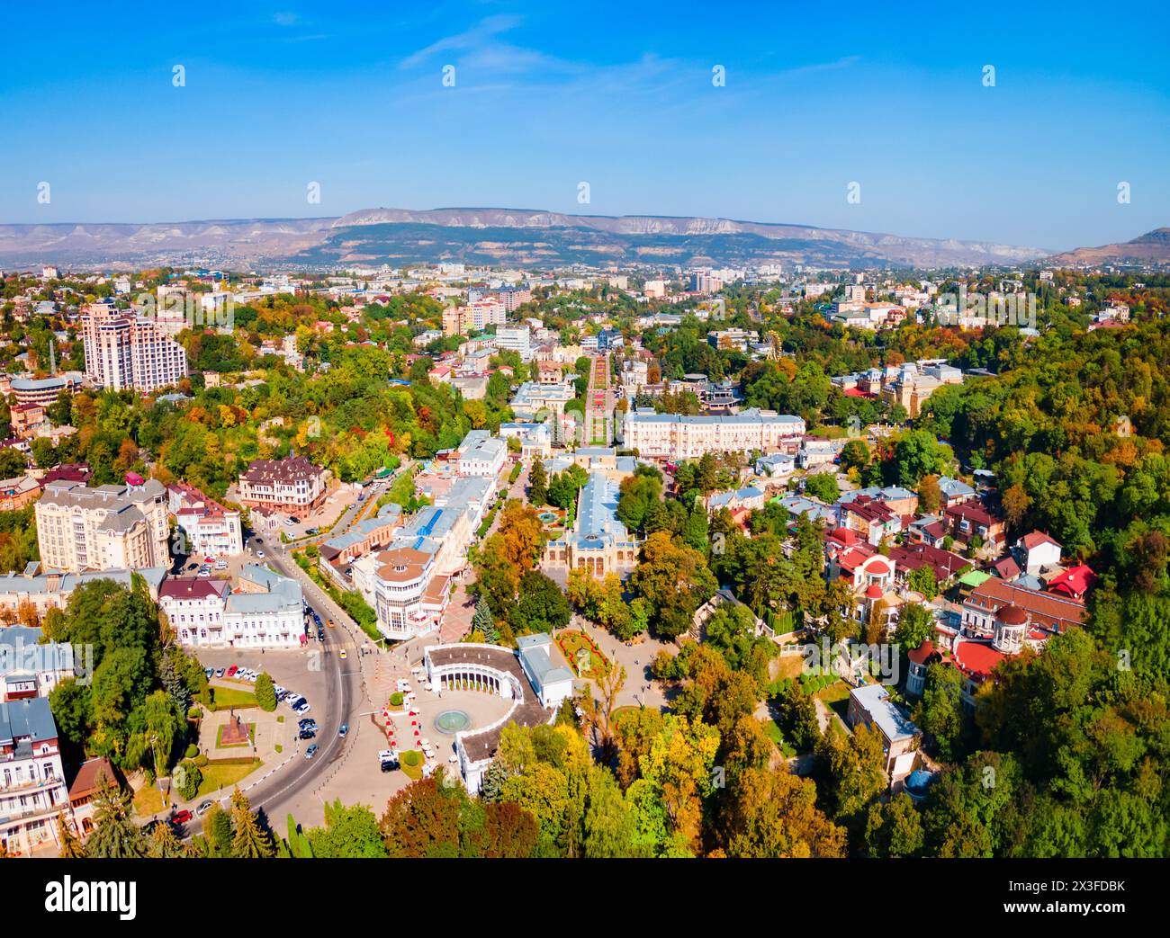 Kislovodsk Kurortny Boulevard aerial panoramic view. Kislovodsk is a spa city in Caucasian Mineral Waters region, Stavropol Krai, Russia. Stock Photo