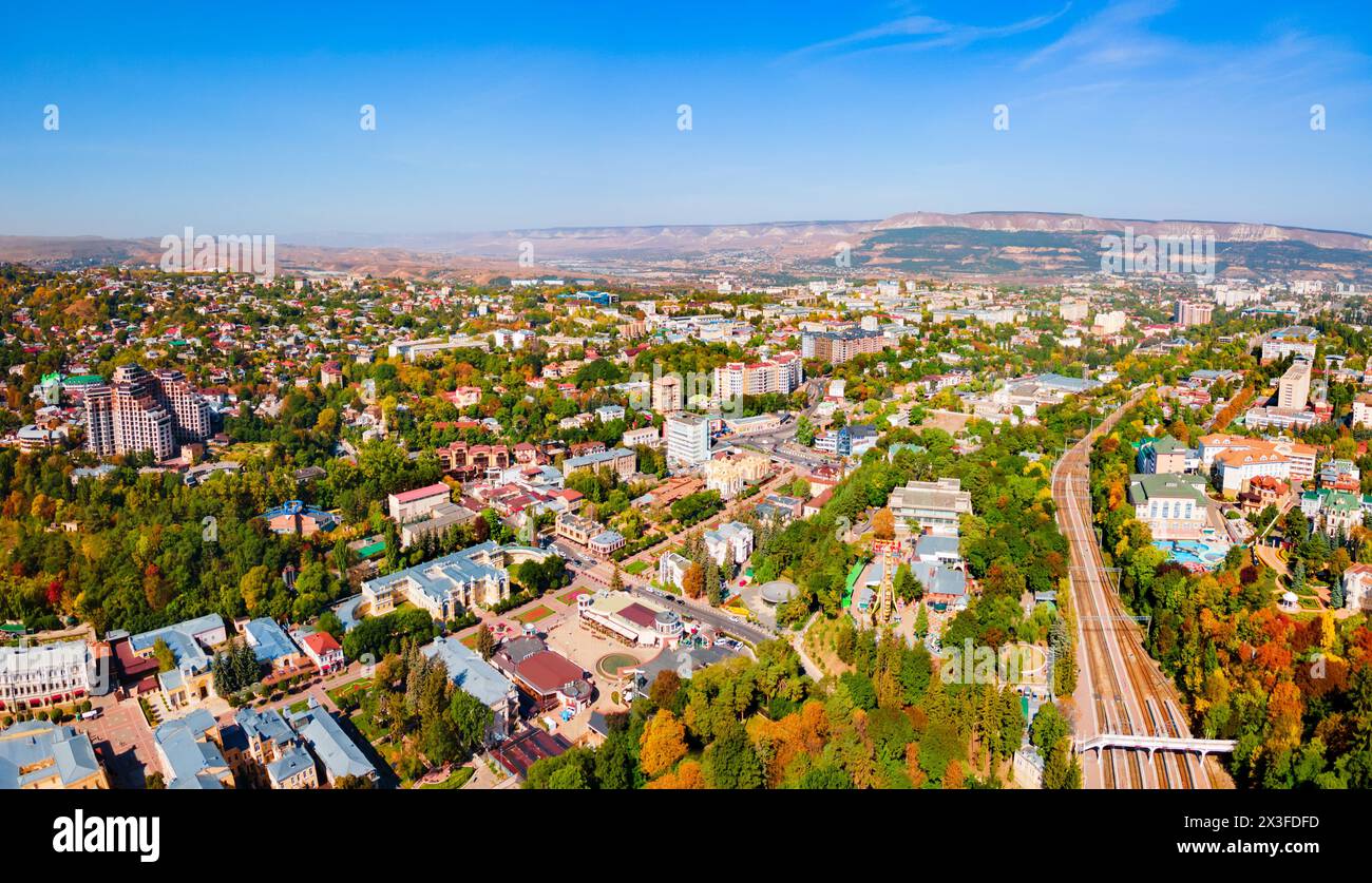 Kislovodsk city aerial panoramic view. Kislovodsk is a spa city in Caucasian Mineral Waters region, Stavropol Krai, Russia. Stock Photo