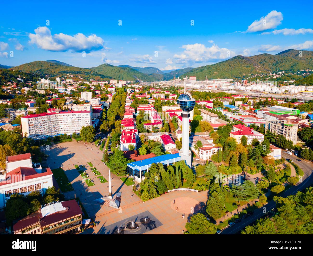 Tuapse aerial panoramic view. Tuapse is a resort town located on the Black Sea shore in Krasnodar Krai, Russia. Stock Photo
