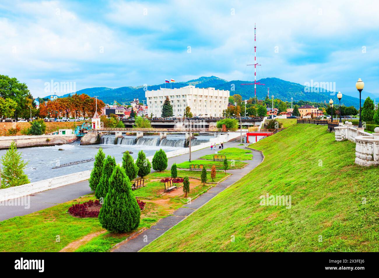 City administration building at the Terek river embankment in the centre of Vladikavkaz city, North Ossetia Alania, Russia Stock Photo