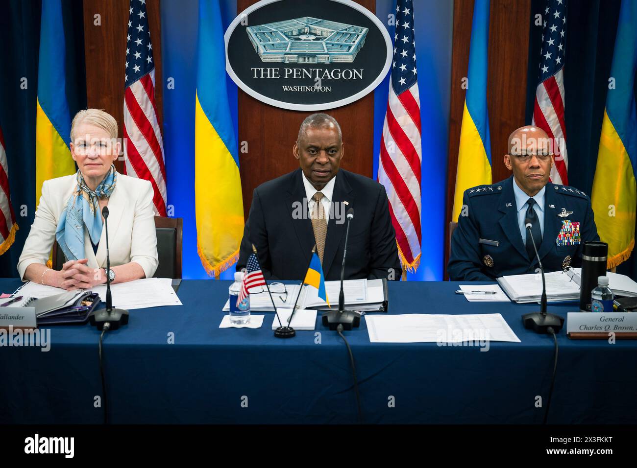Washington, United States Of America. 26th Apr, 2024. Washington, United States of America. 26 April, 2024. Left to right: U.S. Assistant Secretary of Defense for International Security Affairs Celeste Wallander, Defense Secretary Lloyd Austin Secretary and Chairman of the Joint Chiefs Gen. C.Q Brown Jr., host a virtual meeting of the Ukraine Defense Contact Group from the Pentagon, April 26, 2024, in Washington, DC Austin announced a $6 Billion weapons package for Ukraine . Credit: Chad McNeeley/DOD Photo/Alamy Live News Stock Photo