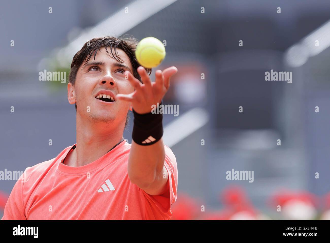 Madrid, Spain. 26th Apr, 2024. Alexander Shevchenko plays against Carlos Alcaraz (not pictured) during their match on Day 5 of the Mutua Madrid Open at Caja Magica Stadium. Carlos Alcaraz won 6-2, 6-1 Credit: SOPA Images Limited/Alamy Live News Stock Photo