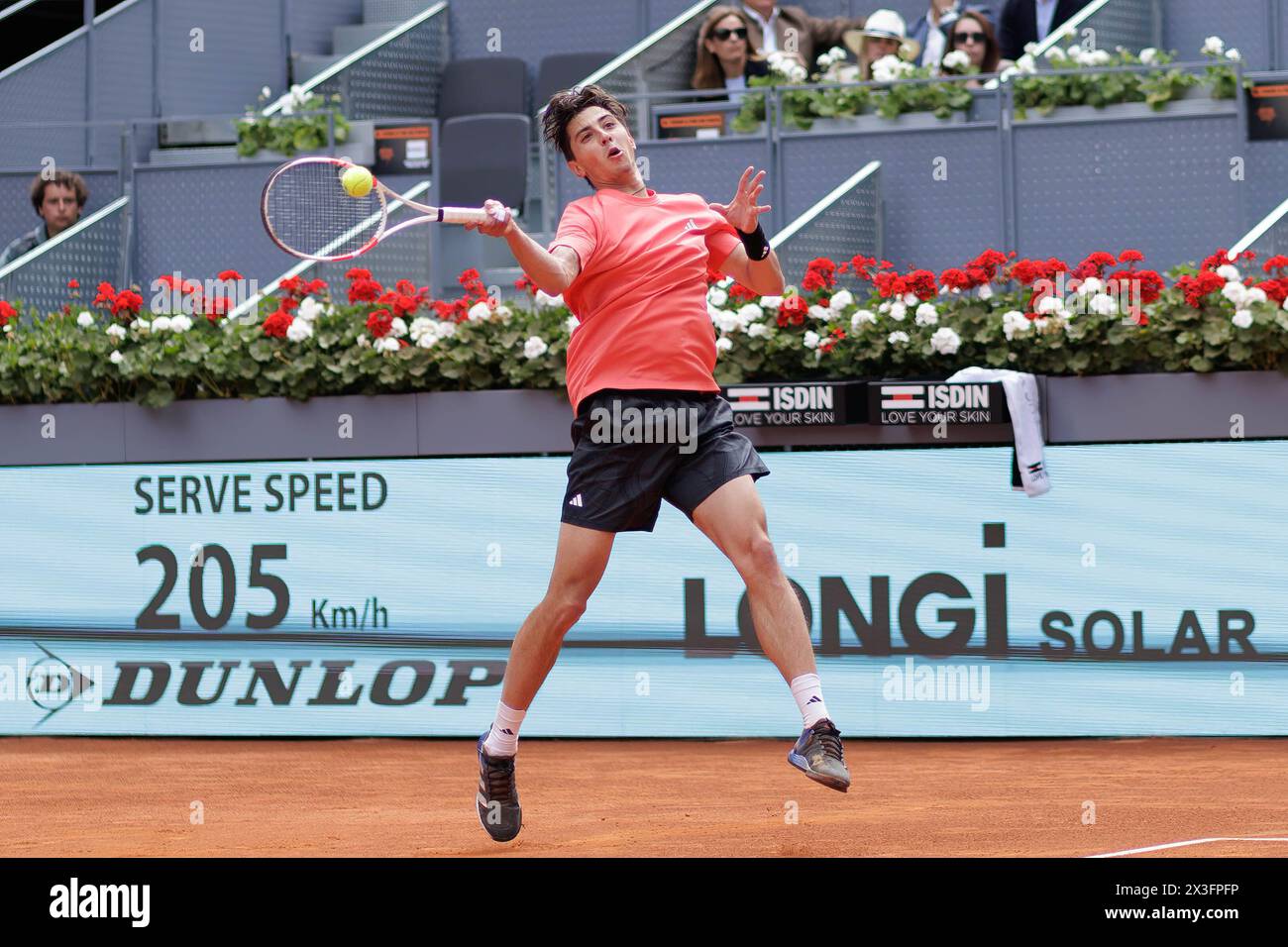 Madrid, Spain. 26th Apr, 2024. Alexander Shevchenko plays against Carlos Alcaraz (not pictured) during their match on Day 5 of the Mutua Madrid Open at Caja Magica Stadium. Carlos Alcaraz won 6-2, 6-1 Credit: SOPA Images Limited/Alamy Live News Stock Photo