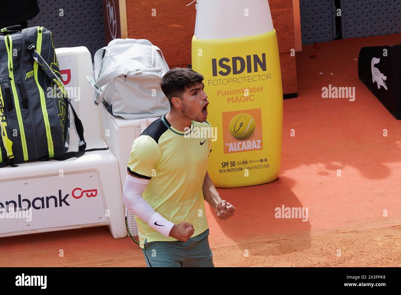 Madrid, Spain. 26th Apr, 2024. Carlos Alcaraz celebrates a point against Alexander Shevchenko (not pictured) during their match on Day 5 of the Mutua Madrid Open at Caja Magica Stadium. Carlos Alcaraz won 6-2, 6-1 Credit: SOPA Images Limited/Alamy Live News Stock Photo