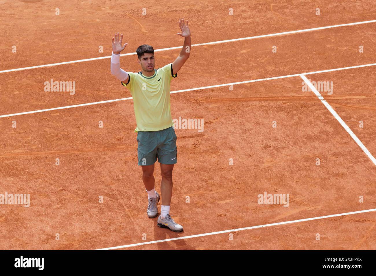 Madrid, Spain. 26th Apr, 2024. Carlos Alcaraz celebrates a point against Alexander Shevchenko (not pictured) during their match on Day 5 of the Mutua Madrid Open at Caja Magica Stadium. Carlos Alcaraz won 6-2, 6-1 Credit: SOPA Images Limited/Alamy Live News Stock Photo