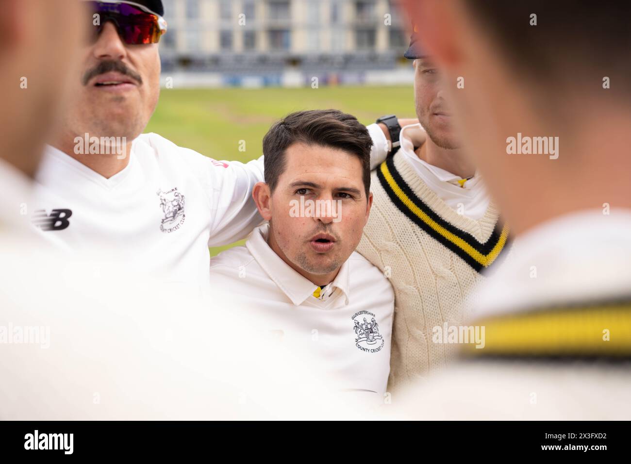 Bristol, UK, 26 April 2024. Gloucestershire's Graeme van Buuren gives a team talk during the Vitality County Championship Division Two match between Gloucestershire and Middlesex. Credit: Robbie Stephenson/Gloucestershire Cricket/Alamy Live News Stock Photo