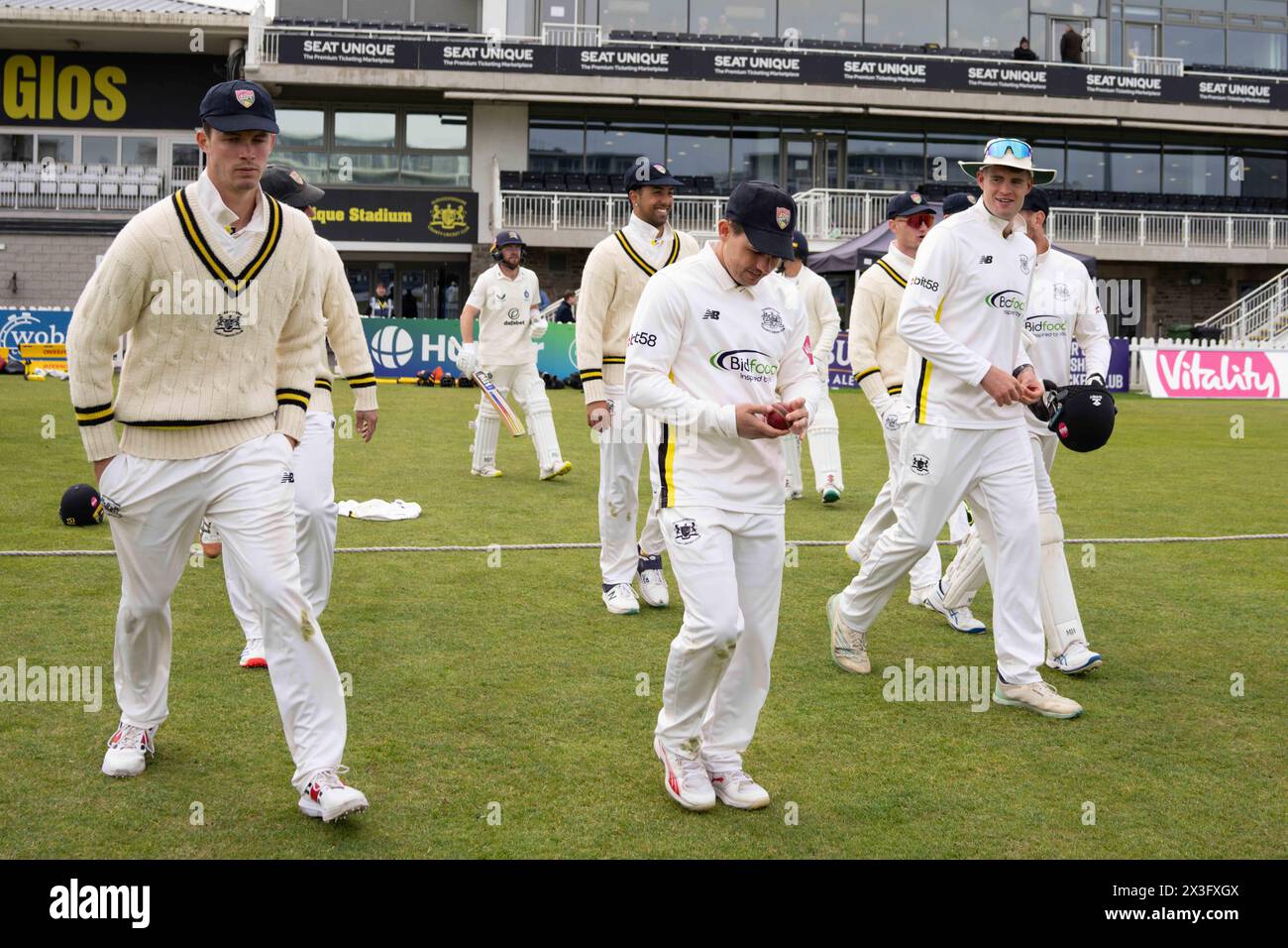 Bristol, UK, 26 April 2024. Gloucestershire's Graeme van Buuren leads the team out to field during the Vitality County Championship Division Two match between Gloucestershire and Middlesex. Credit: Robbie Stephenson/Gloucestershire Cricket/Alamy Live News Stock Photo