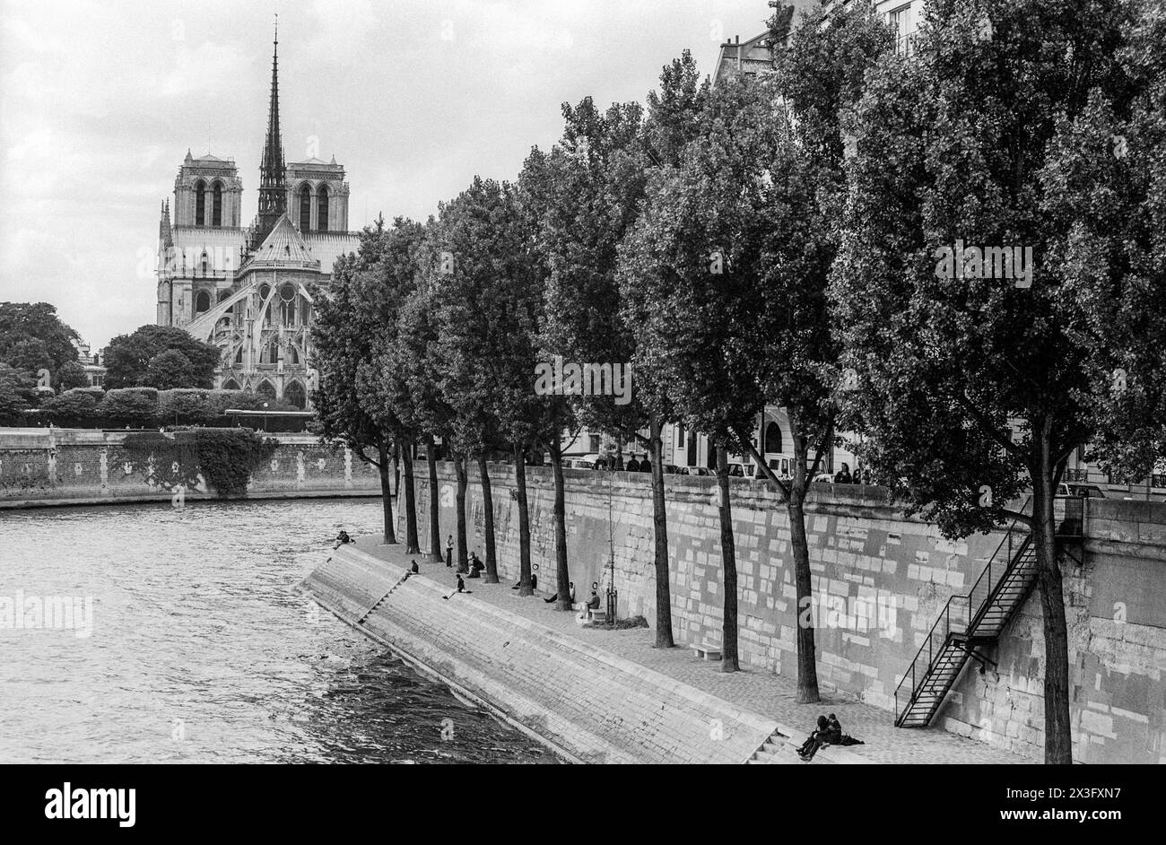 1990s archive black & white photograph of the Quai d'Orleans on the Ile Saint-Louis in Paris.  The view is to the NW along the Seine, with Notre Dame and the Ile de la Cite in the background. Stock Photo