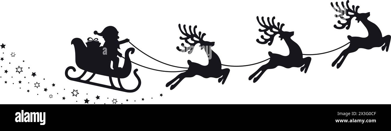 santa sleigh silhouette stars white background Stock Vector
