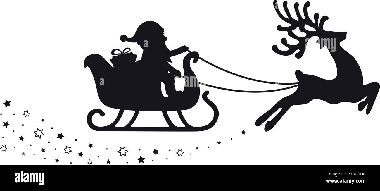 santa sleigh silhouette stars white background Stock Vector