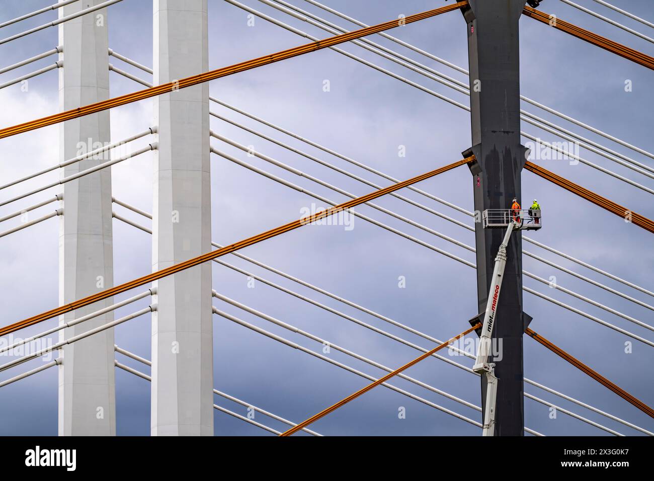 Wire Rope Demolution The new Rhine bridge Neuenkamp, the A40, white pillar ropes, and the ...