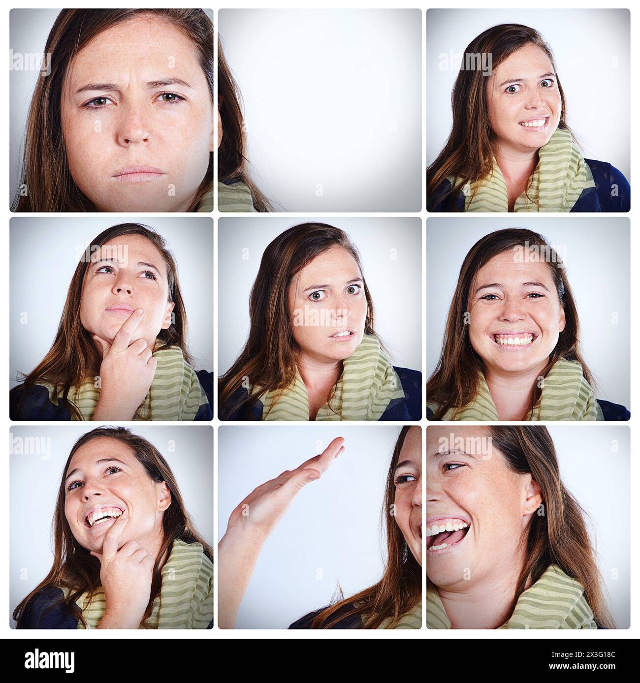 Woman, facial expressions and composite with collage in studio with funny or joyful in portrait with happy. Emotions, comedy and sequence with closeup Stock Photo