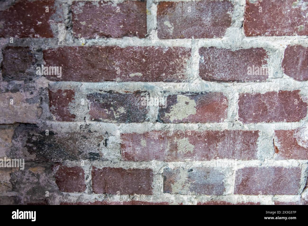 Gray structural stone wall of the ancient building consists of old dark brown bricks. Natural background. Stock Photo