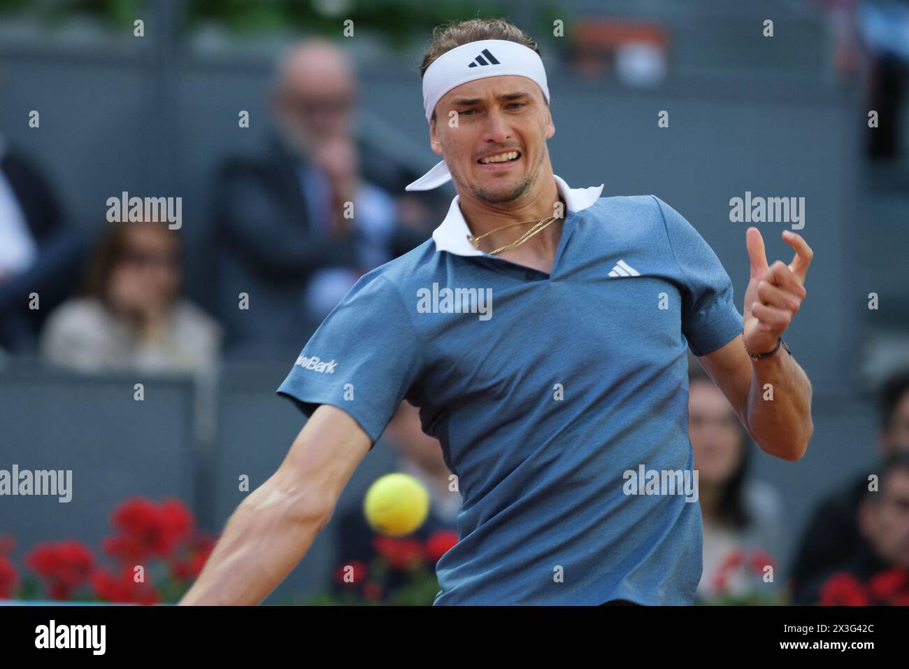 Alexander Zverev of Germany  against Borna Coric during their Men's Singles second round match on day four of the Mutua Madrid Open at La Caja Magica Stock Photo