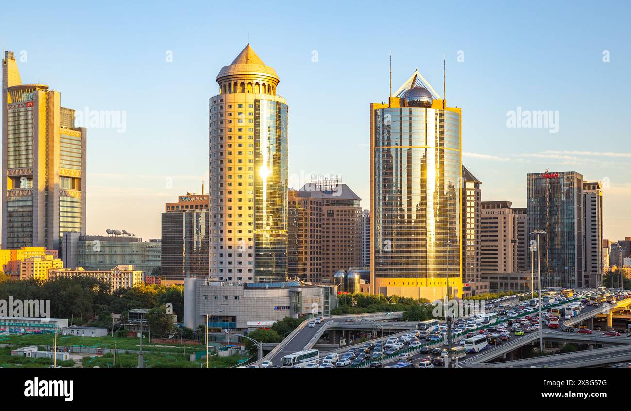 cityscape of Guomao CBD with traffic flow, Beijing, China, skyscrapers ...