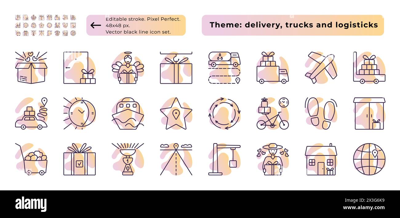 Supply chain, trucks, logistic, delivery. Vector line icon set with light gradient background. 24 signs - 48x48 px (editable stroke, pixel perfect) an Stock Vector