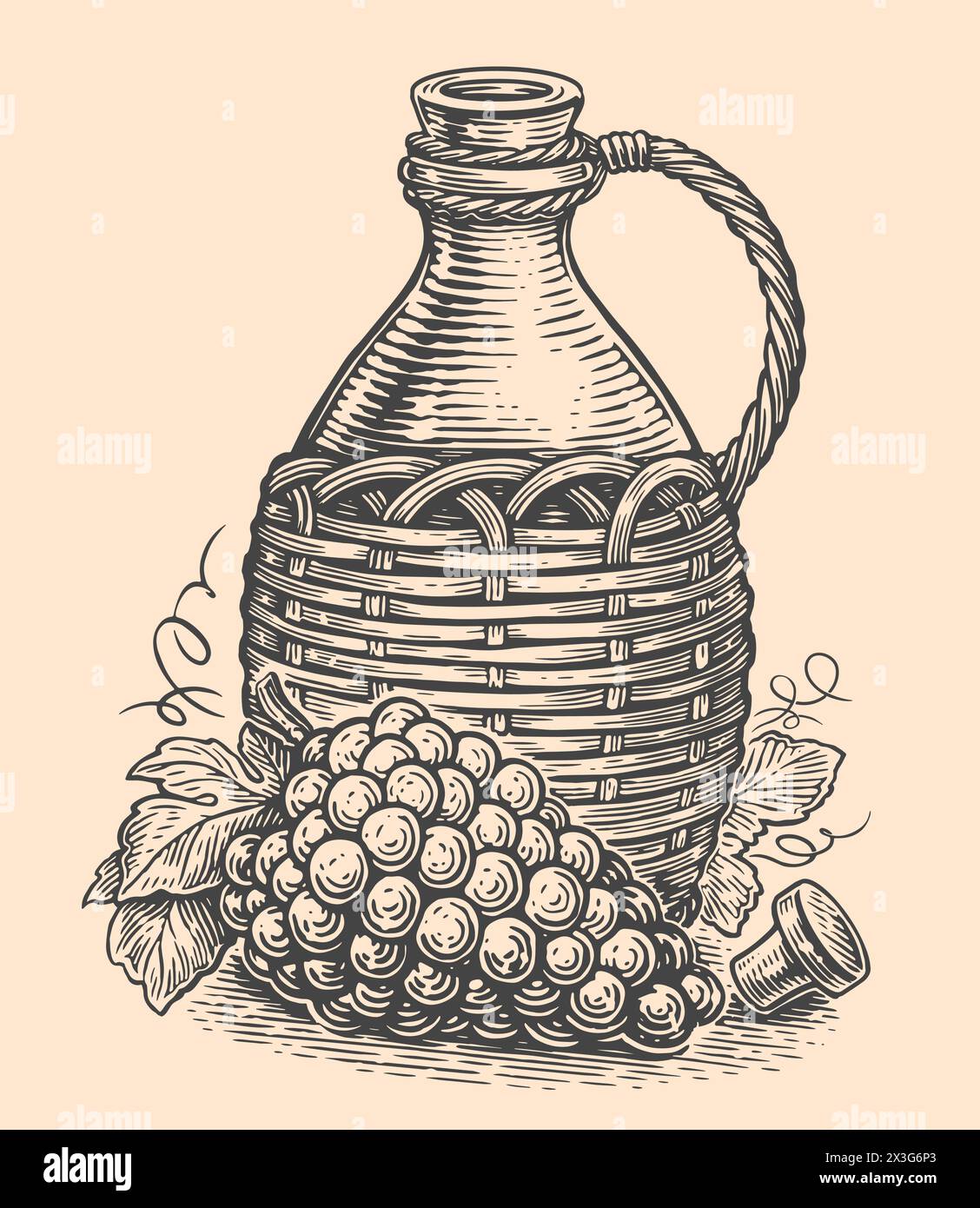 Wine jar with grape branch. Hand drawn sketch vector illustration in vintage engraving style Stock Vector
