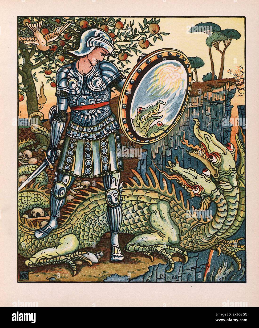 Prince Cheri and the Dragon. Book Plate  Illustration of a knight in shining armour with a shield facing a dragon in a forest setting. From Walter Crane,  Picture Book Stock Photo