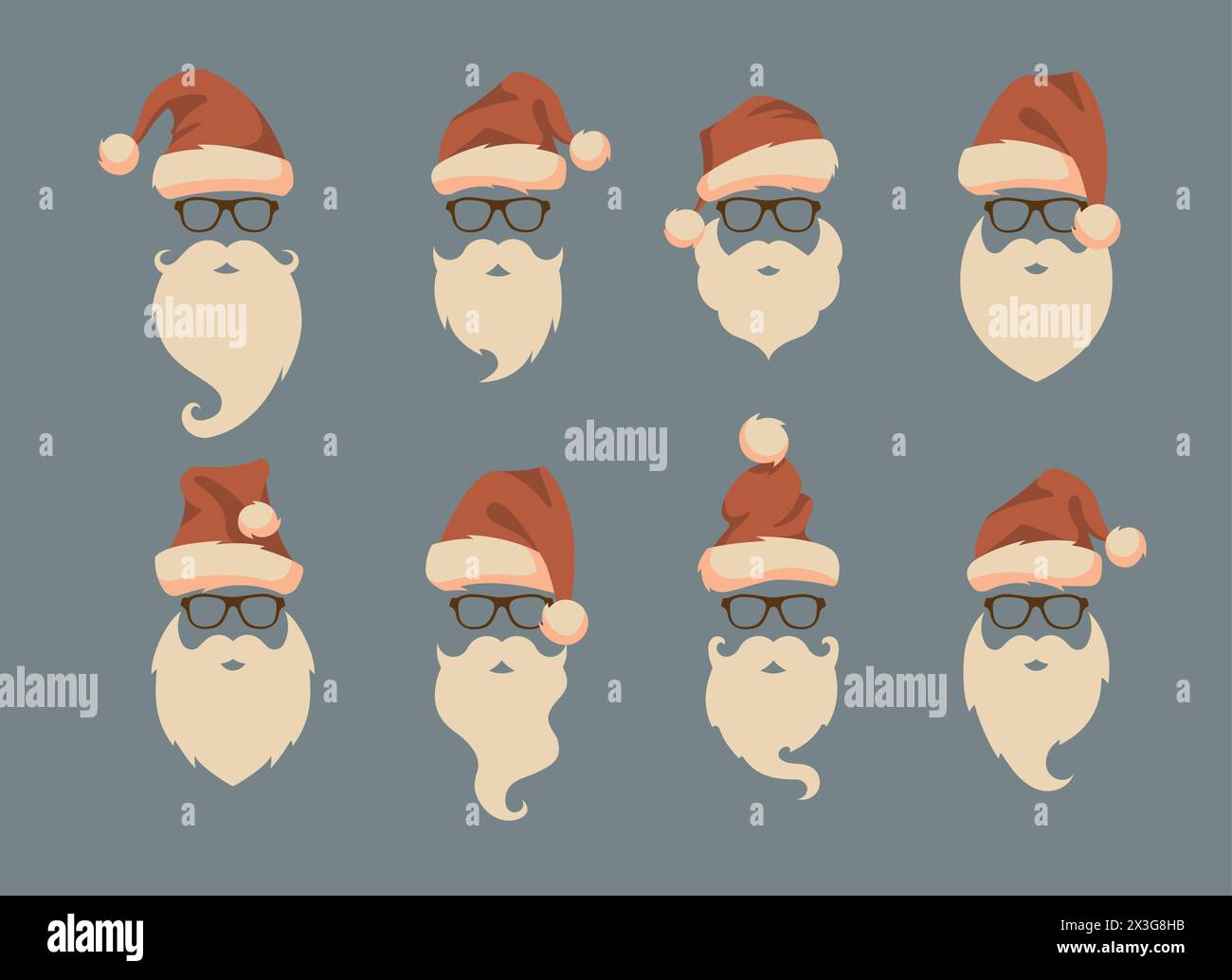 Vector set of faces with Santa hats, mustache and beards. Christmas Santa design elements. Holiday icons Stock Vector