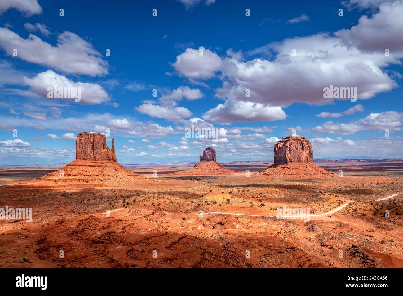 Scenic view of the magnificent buttes at Monument Valley during a bright, vibrant spring day. Stock Photo