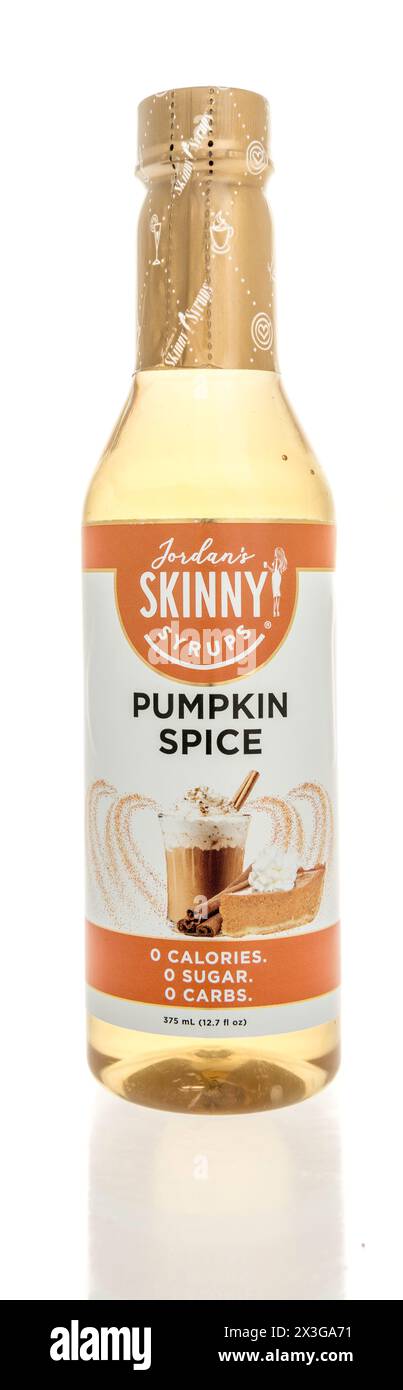 Winneconne, WI - 26 April 2024: A bottle of Jordans skinny syrups pumpkin spice flavoring on an isolated background. Stock Photo