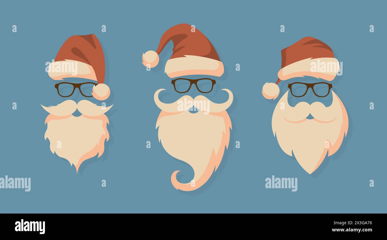 Vector set of faces with Santa hats, mustache and beards. Christmas Santa design elements. Holiday icons Stock Vector