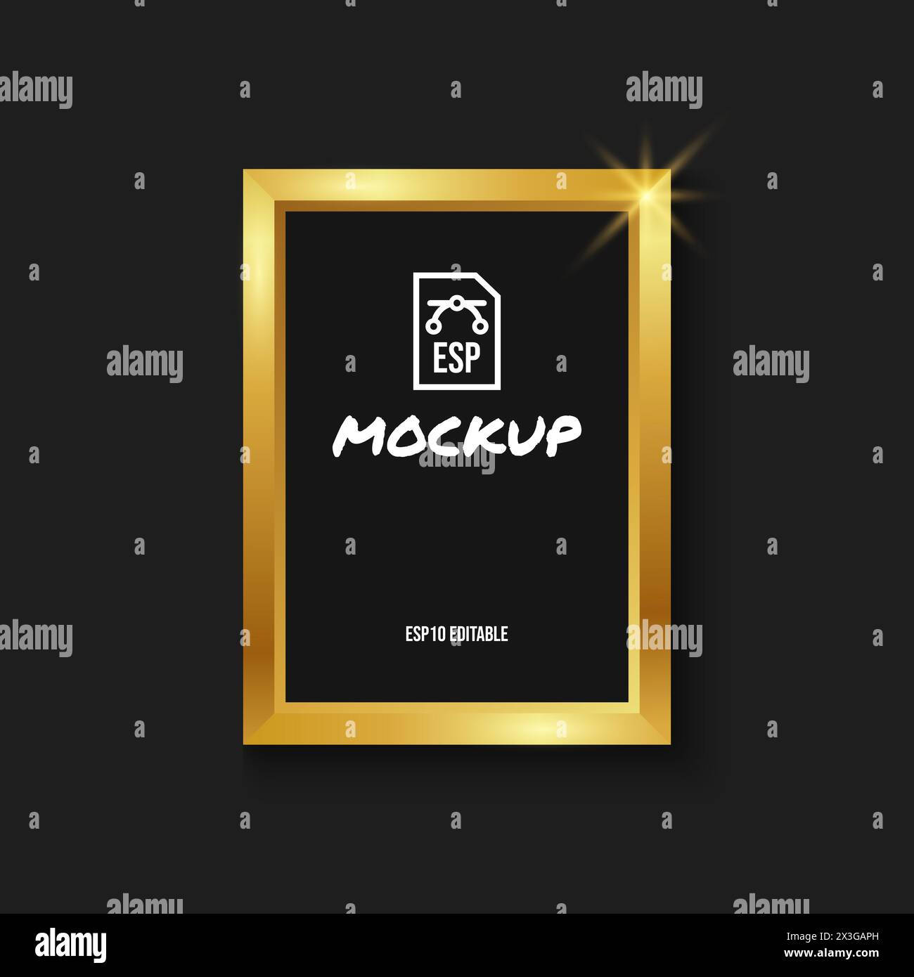 Golden photo frame mockup with vertical blank screen, luxury poster