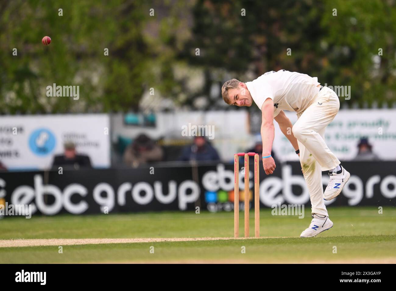 Kidderminster, UK. 26th Apr, 2024. Ben Gibbon of Worcestershire delivers the ball during the Vitality County Championship Division 1 match Worcestershire vs Somerset at Kidderminster Cricket Club, Kidderminster, United Kingdom, 26th April 2024 (Photo by Craig Thomas/News Images) in Kidderminster, United Kingdom on 4/26/2024. (Photo by Craig Thomas/News Images/Sipa USA) Credit: Sipa USA/Alamy Live News Stock Photo