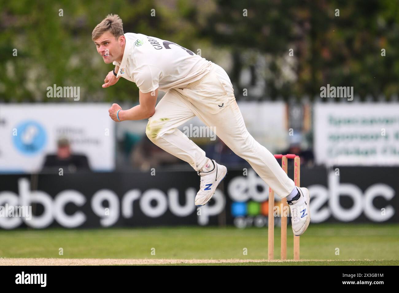 Kidderminster, UK. 26th Apr, 2024. Ben Gibbon of Worcestershire delivers the ball during the Vitality County Championship Division 1 match Worcestershire vs Somerset at Kidderminster Cricket Club, Kidderminster, United Kingdom, 26th April 2024 (Photo by Craig Thomas/News Images) in Kidderminster, United Kingdom on 4/26/2024. (Photo by Craig Thomas/News Images/Sipa USA) Credit: Sipa USA/Alamy Live News Stock Photo