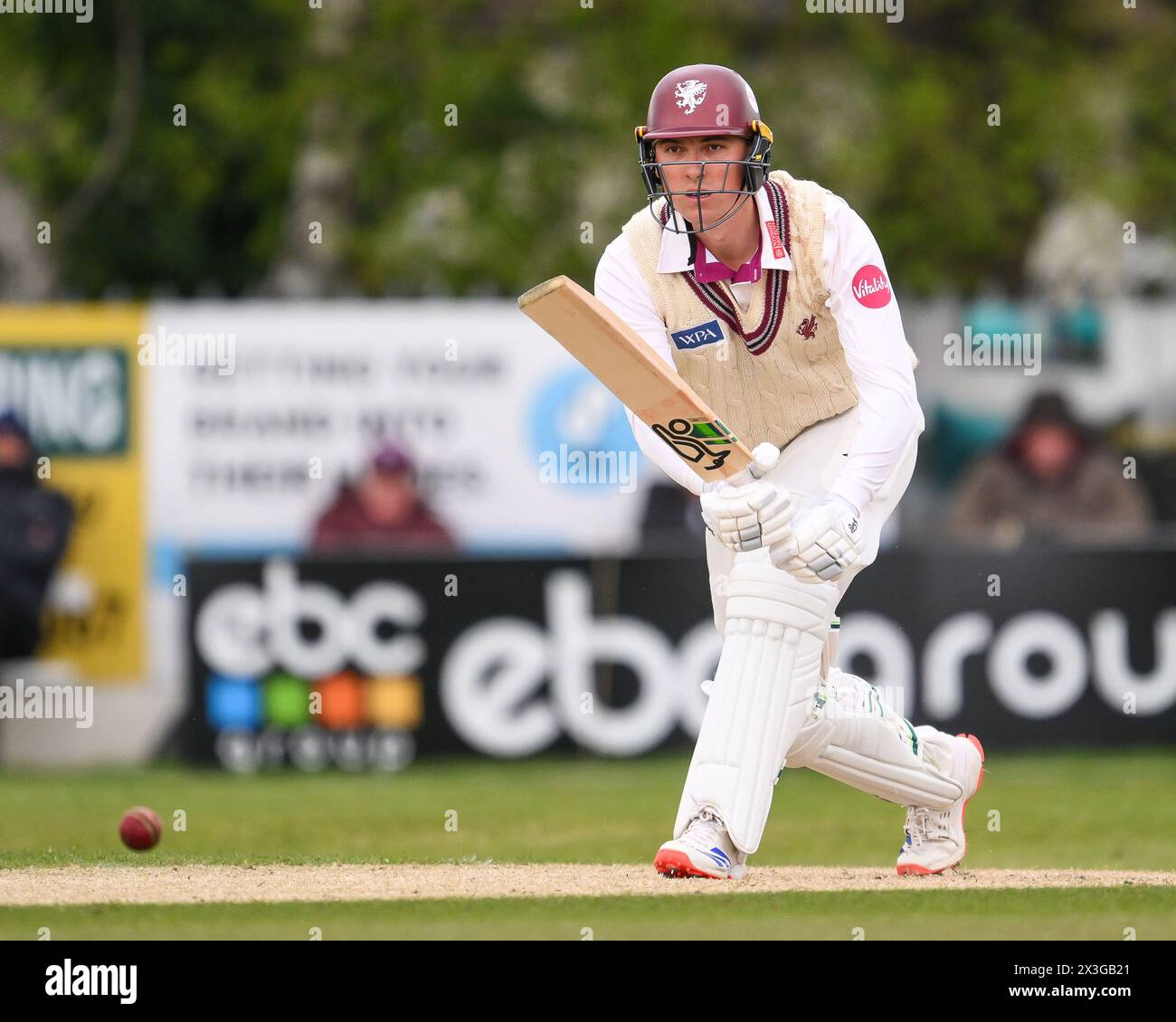 Kidderminster, UK. 25th Apr, 2024. Tom Banton of Somerset plays a defensive shot during the Vitality County Championship Division 1 match Worcestershire vs Somerset at Kidderminster Cricket Club, Kidderminster, United Kingdom, 26th April 2024 (Photo by Craig Thomas/News Images) in Kidderminster, United Kingdom on 4/25/2024. (Photo by Craig Thomas/News Images/Sipa USA) Credit: Sipa USA/Alamy Live News Stock Photo