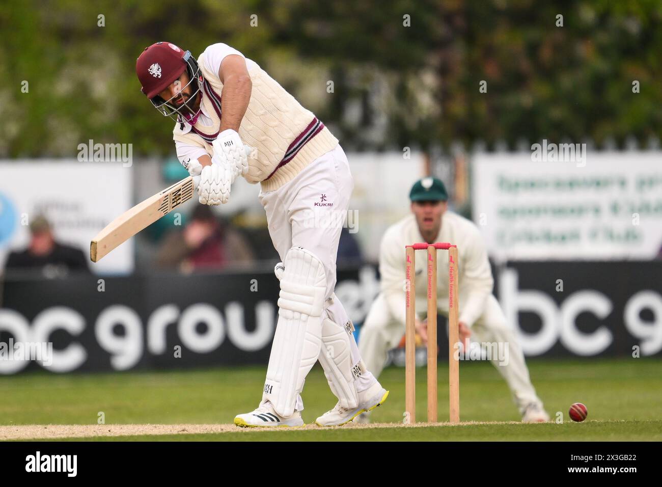 Kidderminster, UK. 25th Apr, 2024. Andy Umeed of Somerset clips the ball away during the Vitality County Championship Division 1 match Worcestershire vs Somerset at Kidderminster Cricket Club, Kidderminster, United Kingdom, 26th April 2024 (Photo by Craig Thomas/News Images) in Kidderminster, United Kingdom on 4/25/2024. (Photo by Craig Thomas/News Images/Sipa USA) Credit: Sipa USA/Alamy Live News Stock Photo