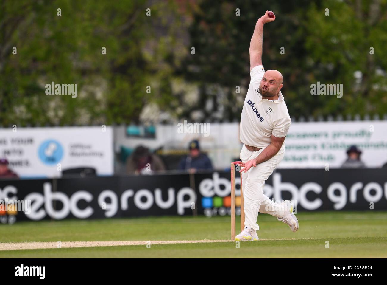 Kidderminster, UK. 25th Apr, 2024. Joe Leach of Worcestershire delivers the ball during the Vitality County Championship Division 1 match Worcestershire vs Somerset at Kidderminster Cricket Club, Kidderminster, United Kingdom, 26th April 2024 (Photo by Craig Thomas/News Images) in Kidderminster, United Kingdom on 4/25/2024. (Photo by Craig Thomas/News Images/Sipa USA) Credit: Sipa USA/Alamy Live News Stock Photo