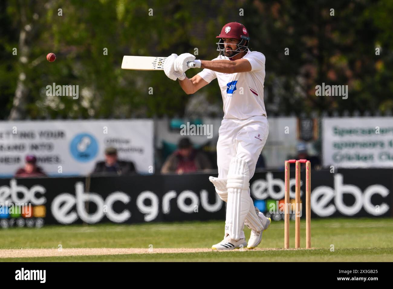 Kidderminster, UK. 25th Apr, 2024. Andy Umeed of Somerset hooks the ball during the Vitality County Championship Division 1 match Worcestershire vs Somerset at Kidderminster Cricket Club, Kidderminster, United Kingdom, 26th April 2024 (Photo by Craig Thomas/News Images) in Kidderminster, United Kingdom on 4/25/2024. (Photo by Craig Thomas/News Images/Sipa USA) Credit: Sipa USA/Alamy Live News Stock Photo