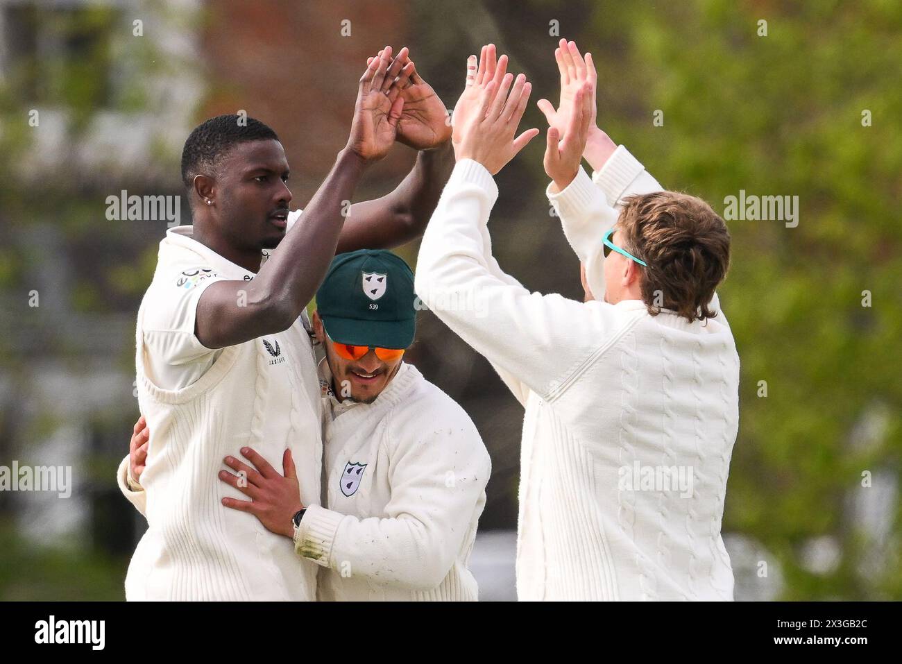 Kidderminster, UK. 25th Apr, 2024. Jason Holder of Worcestershire celebrates taking the wicket of Andy Umeed of Somerset caught by Gareth Roderick of Worcestershire during the Vitality County Championship Division 1 match Worcestershire vs Somerset at Kidderminster Cricket Club, Kidderminster, United Kingdom, 26th April 2024 (Photo by Craig Thomas/News Images) in Kidderminster, United Kingdom on 4/25/2024. (Photo by Craig Thomas/News Images/Sipa USA) Credit: Sipa USA/Alamy Live News Stock Photo