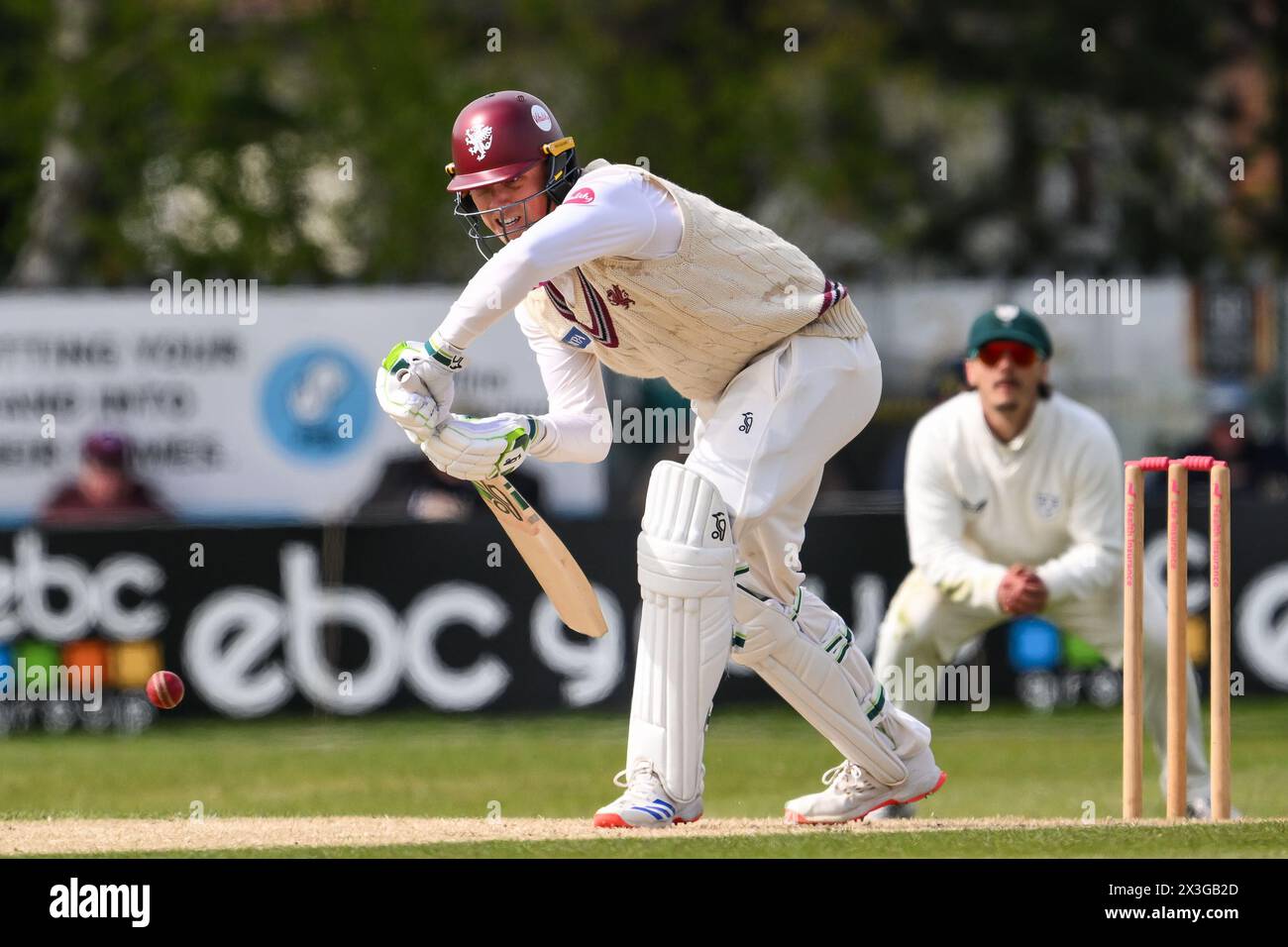 Kidderminster, UK. 25th Apr, 2024. Tom Banton of Somerset plays a defensive shot during the Vitality County Championship Division 1 match Worcestershire vs Somerset at Kidderminster Cricket Club, Kidderminster, United Kingdom, 26th April 2024 (Photo by Craig Thomas/News Images) in Kidderminster, United Kingdom on 4/25/2024. (Photo by Craig Thomas/News Images/Sipa USA) Credit: Sipa USA/Alamy Live News Stock Photo