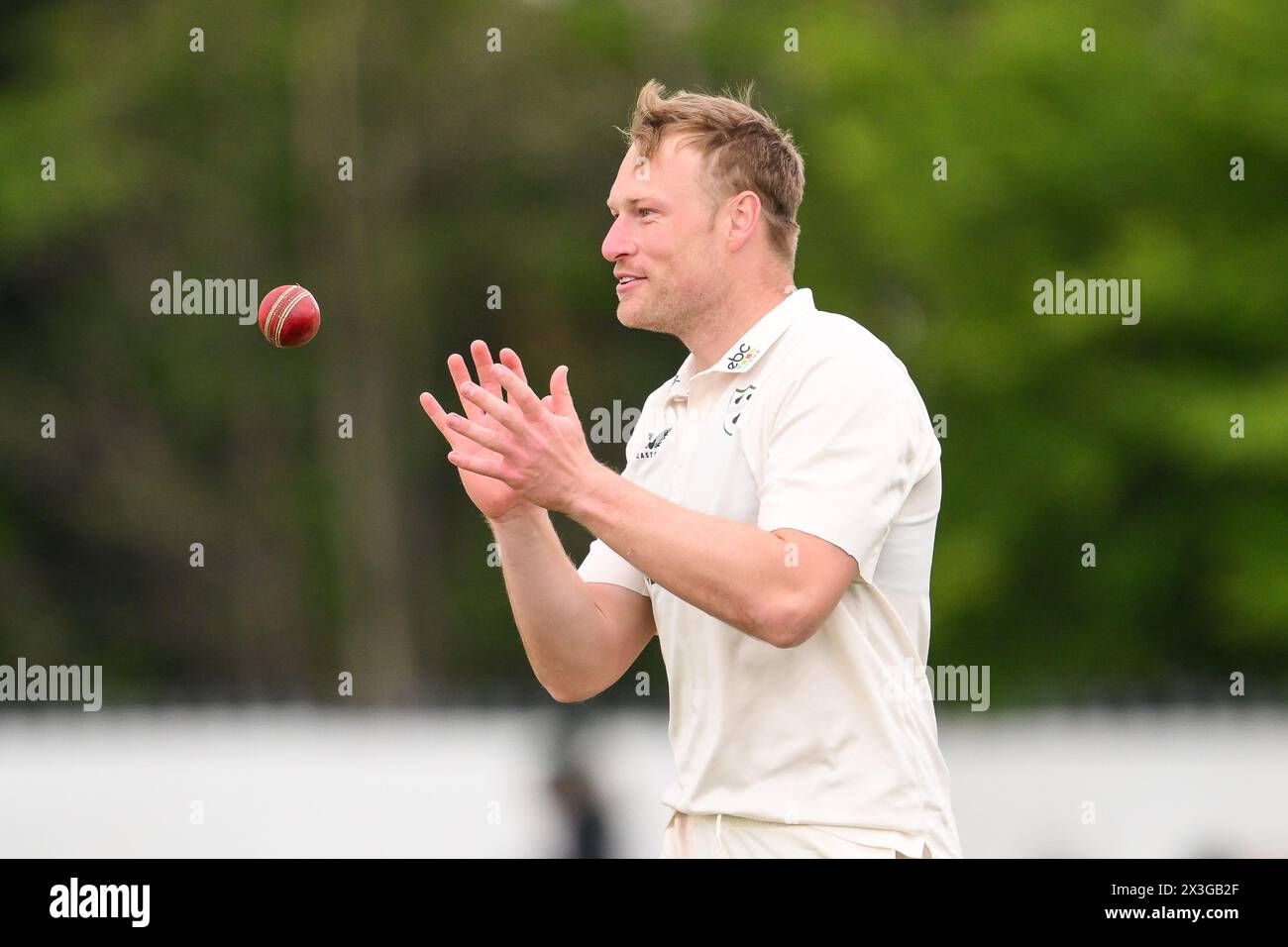 Kidderminster, UK. 25th Apr, 2024. Matthew Waite of Worcestershire receives the ball during the Vitality County Championship Division 1 match Worcestershire vs Somerset at Kidderminster Cricket Club, Kidderminster, United Kingdom, 26th April 2024 (Photo by Craig Thomas/News Images) in Kidderminster, United Kingdom on 4/25/2024. (Photo by Craig Thomas/News Images/Sipa USA) Credit: Sipa USA/Alamy Live News Stock Photo