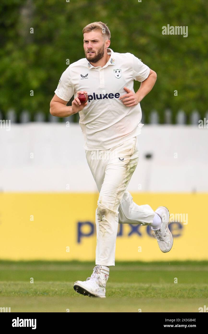 Kidderminster, UK. 25th Apr, 2024. Adam Finch of Worcestershire runs into bowl during the Vitality County Championship Division 1 match Worcestershire vs Somerset at Kidderminster Cricket Club, Kidderminster, United Kingdom, 26th April 2024 (Photo by Craig Thomas/News Images) in Kidderminster, United Kingdom on 4/25/2024. (Photo by Craig Thomas/News Images/Sipa USA) Credit: Sipa USA/Alamy Live News Stock Photo