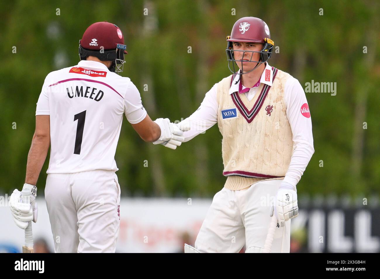 Kidderminster, UK. 25th Apr, 2024. Tom Banton of Somerset and Andy Umeed of Somerset bump fists during overs during the Vitality County Championship Division 1 match Worcestershire vs Somerset at Kidderminster Cricket Club, Kidderminster, United Kingdom, 26th April 2024 (Photo by Craig Thomas/News Images) in Kidderminster, United Kingdom on 4/25/2024. (Photo by Craig Thomas/News Images/Sipa USA) Credit: Sipa USA/Alamy Live News Stock Photo