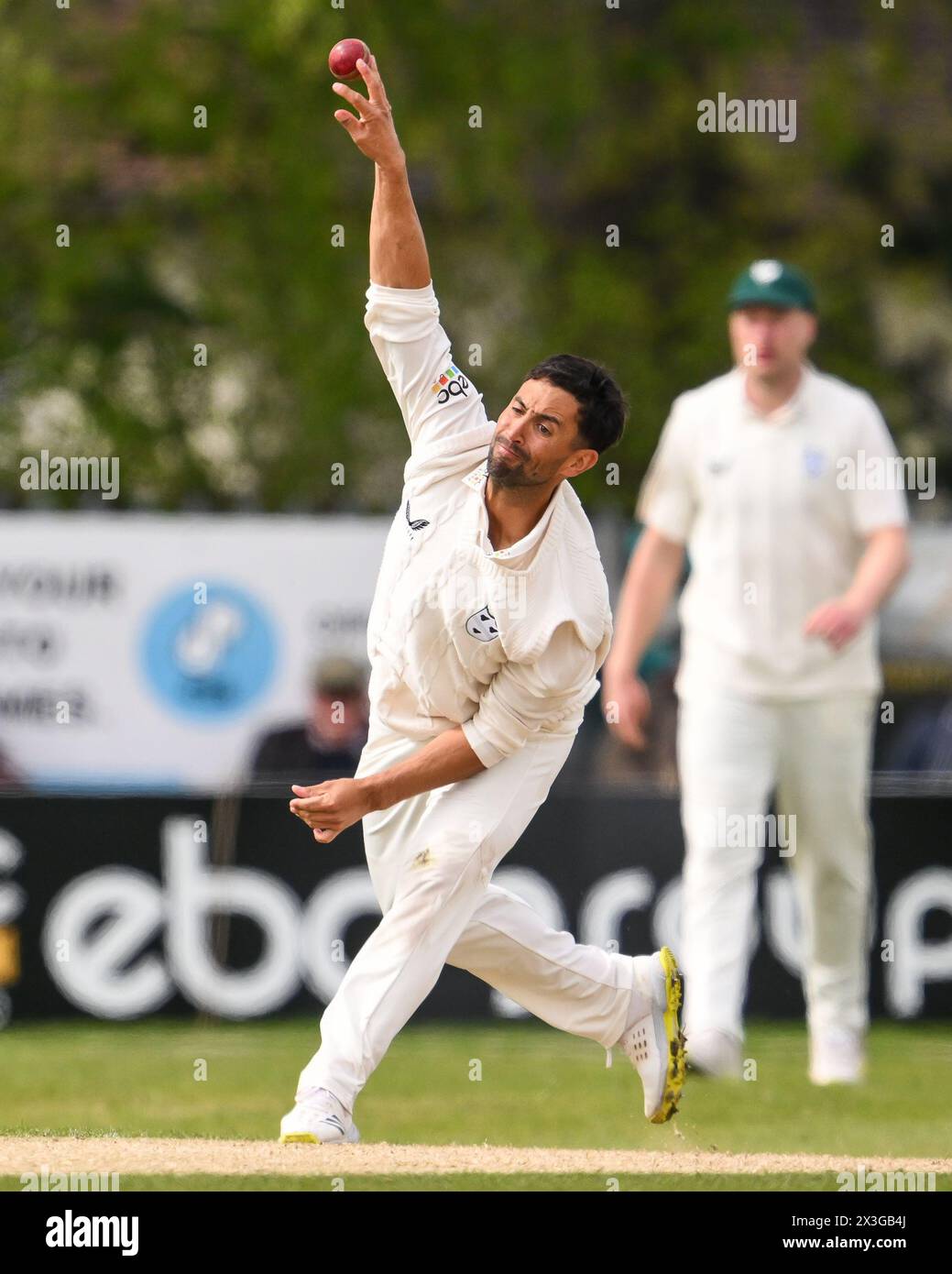 Kidderminster, UK. 25th Apr, 2024. Brett D'Oliveira of Worcestershire delivers the ball during the Vitality County Championship Division 1 match Worcestershire vs Somerset at Kidderminster Cricket Club, Kidderminster, United Kingdom, 26th April 2024 (Photo by Craig Thomas/News Images) in Kidderminster, United Kingdom on 4/25/2024. (Photo by Craig Thomas/News Images/Sipa USA) Credit: Sipa USA/Alamy Live News Stock Photo