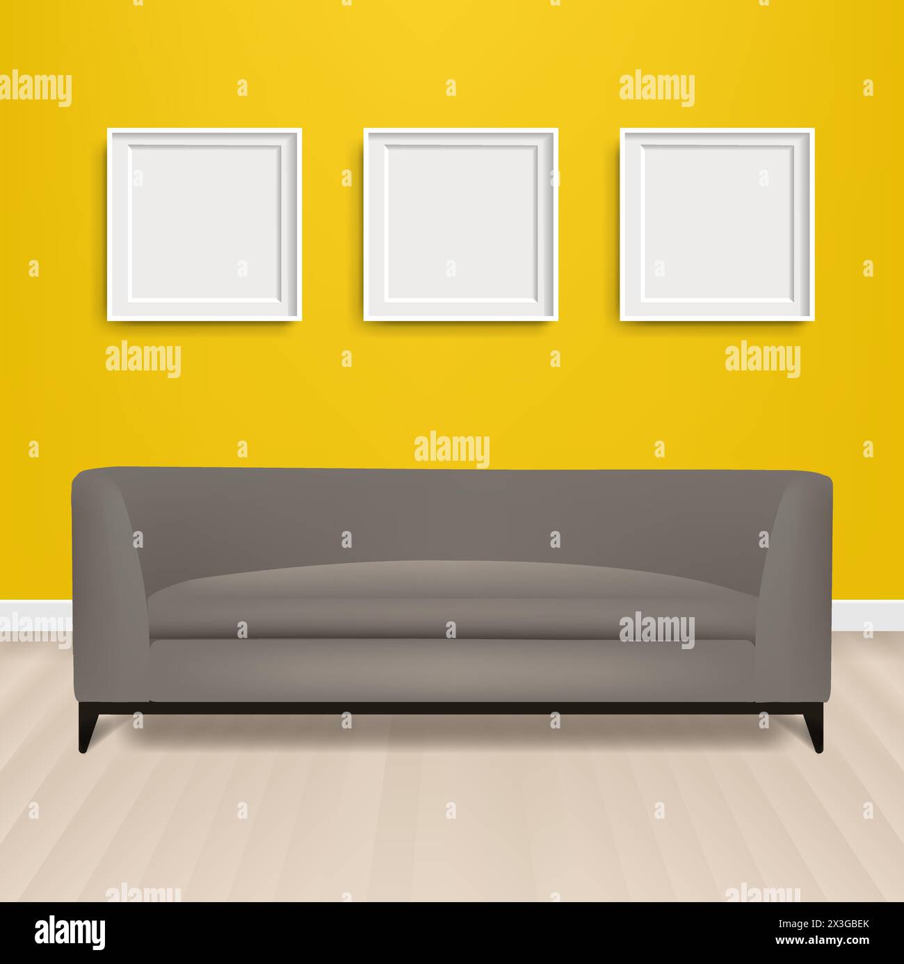 Grey Sofa Bed With And Picture Frame And Yellow Background With Gradient Mesh, Vector Illustration Stock Vector
