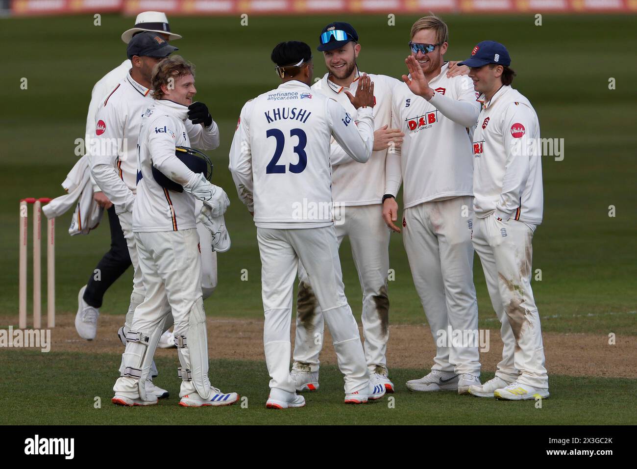Essex' Simon Hamer celebrates with his team mates after bowling Durham's Graham Clark during the LV= County Championship match between Durham County Cricket Club and Essex at the Seat Unique Riverside, Chester le Street on Friday 26th April 2024. (Photo: Mark Fletcher | MI News) Credit: MI News & Sport /Alamy Live News Stock Photo