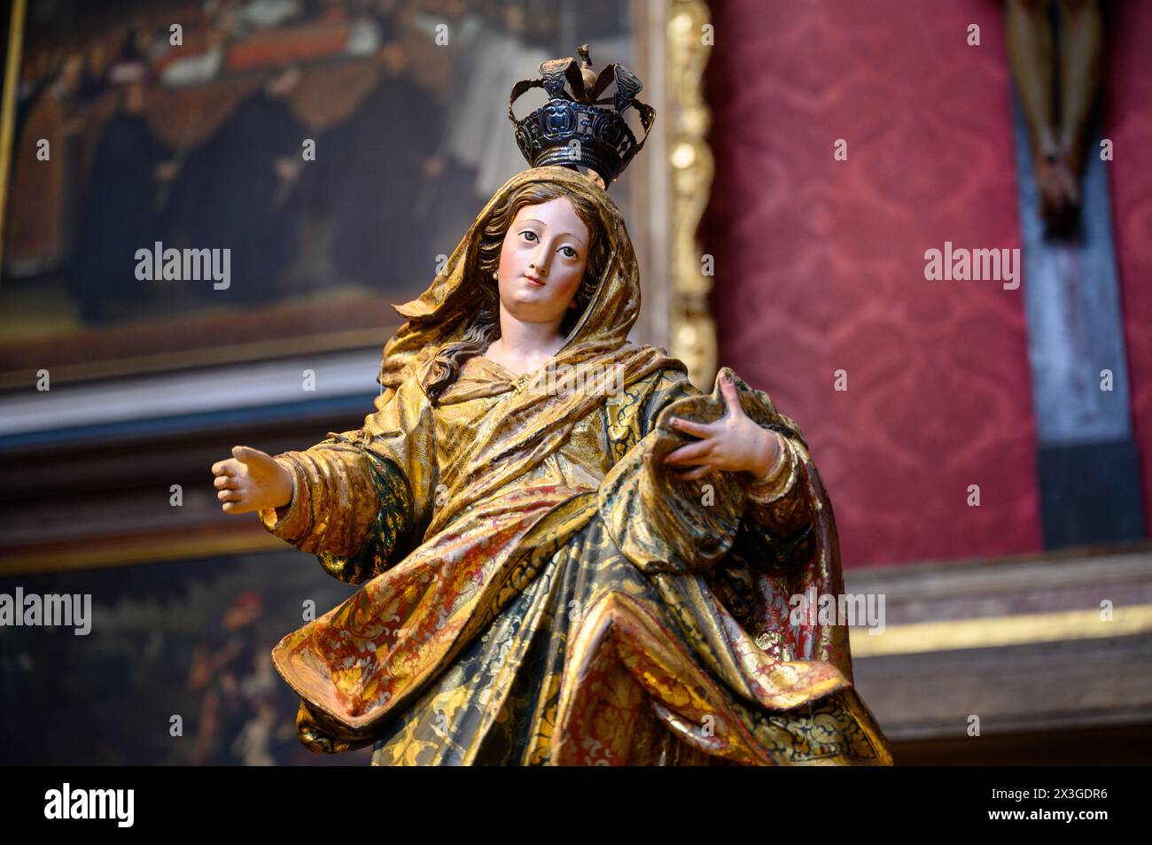 A statue of the Virgin Mary in the sacristy of Igreja de São Roque [Church of St Roch] in Lisbon, Portugal. Stock Photo