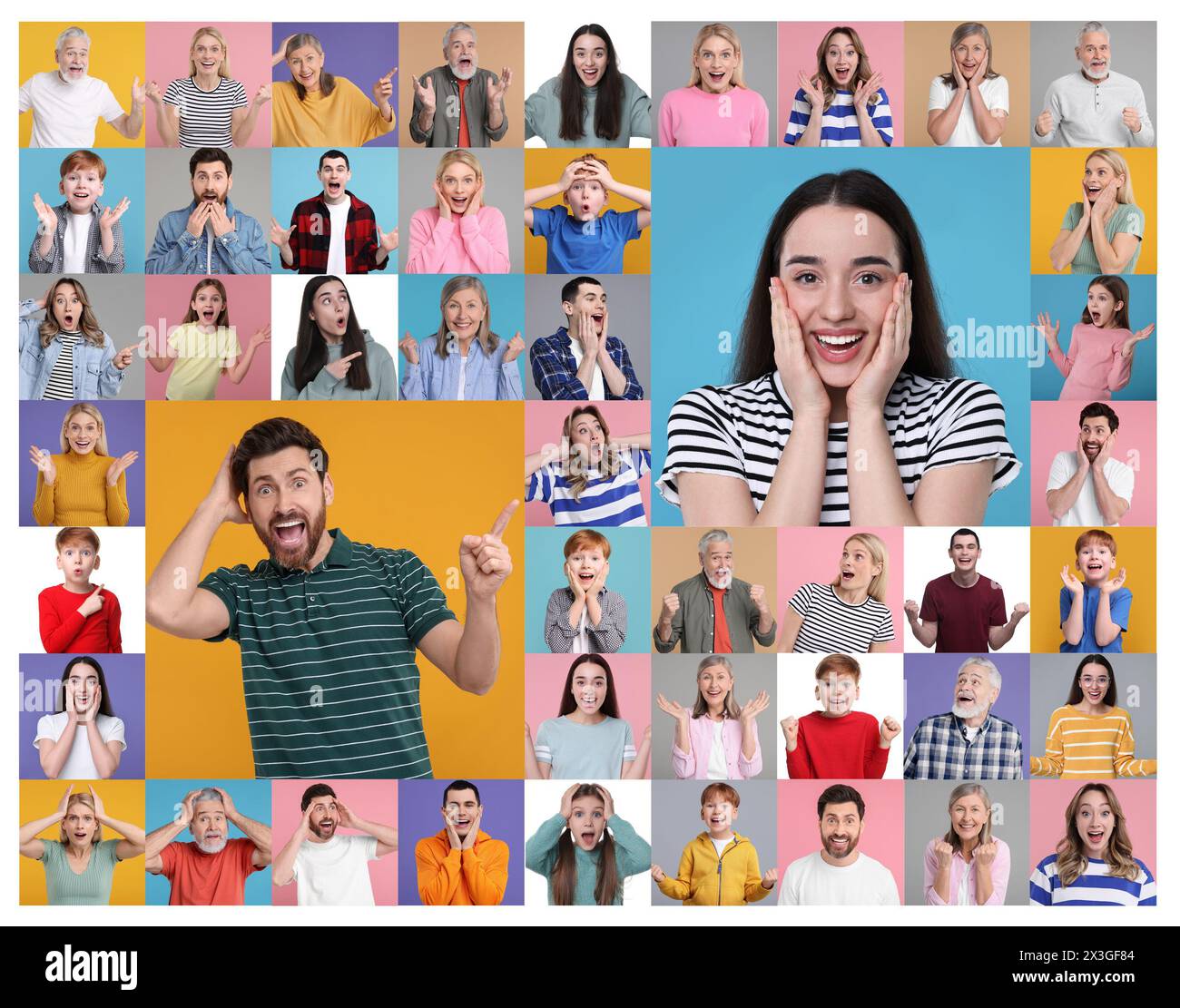 Collage with photos of surprised people on different color backgrounds ...