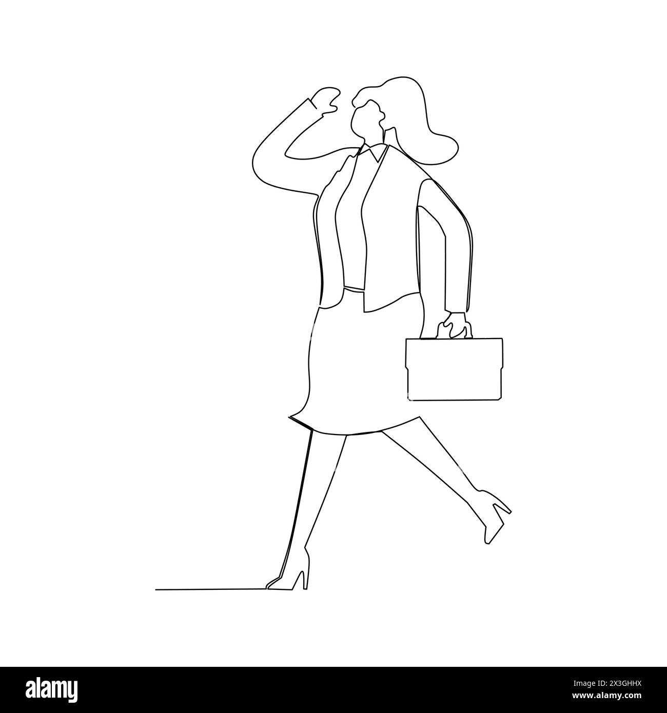 Cartoon style continuous line drawing of a businesswoman walking in blazer and briefcase. Confident in business concept. Stock Vector