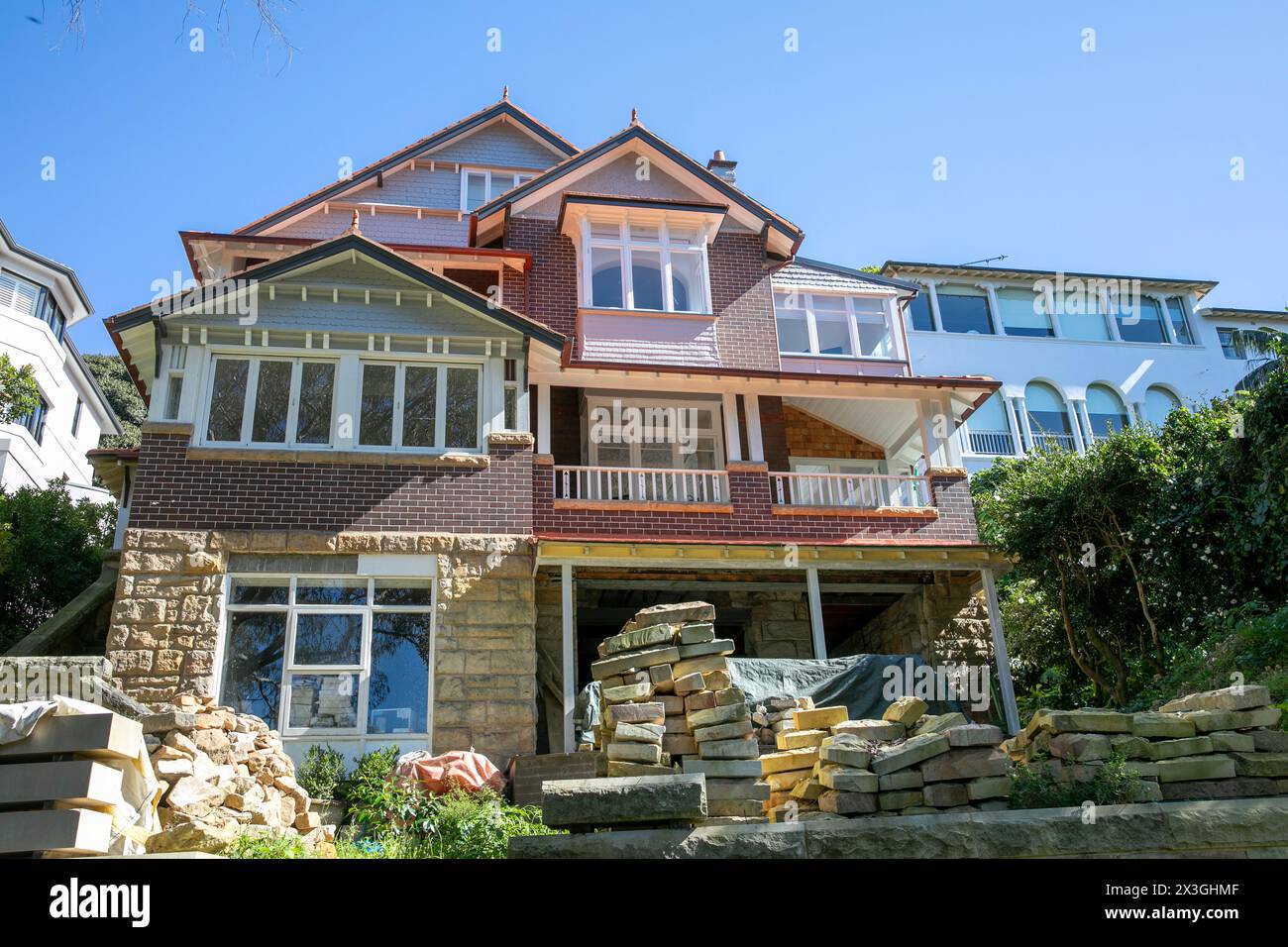 Arts and Crafts architectural style family home on Cremorne Point overlooking Mosman Bay, the property is being refurbished and developed,Sydney Stock Photo
