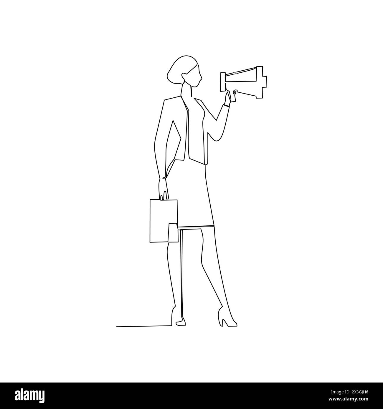 Continuous line drawing of business woman with megaphone. Hand drawn style in communication in business concept vector illustration design Stock Vector