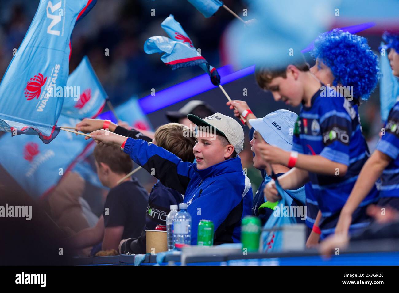 Sydney, Australia. 26th Apr, 2024. Young Waratah fans show their support during the Super Rugby Pacific 2024 Rd10 match between the Waratahs and the Chiefs at Allianz Stadium on April 26, 2024 in Sydney, Australia Credit: IOIO IMAGES/Alamy Live News Stock Photo