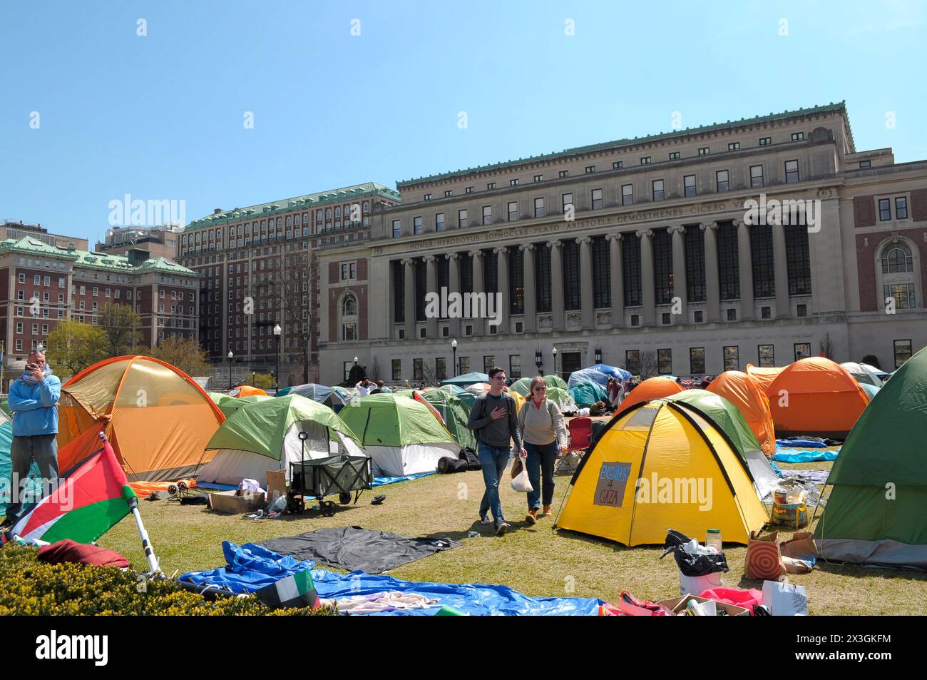 Tents are seen at a pro-Palestine encampment at Columbia University. Pro-Palestine demonstrators rallied on the lawn in Columbia University in Manhattan, New York City condemning the Israel Defense Forces' military operations in Gaza. Since last week, students and pro-Palestine activists at Columbia University have held a sit-in protest on campus, forming a 'Gaza Solidarity Encampment.' Encampments have been forming in other universities in New York City, as well as in campuses nationwide in support of Palestine. Negotiations are underway between student protestors at Columbia University and t Stock Photo
