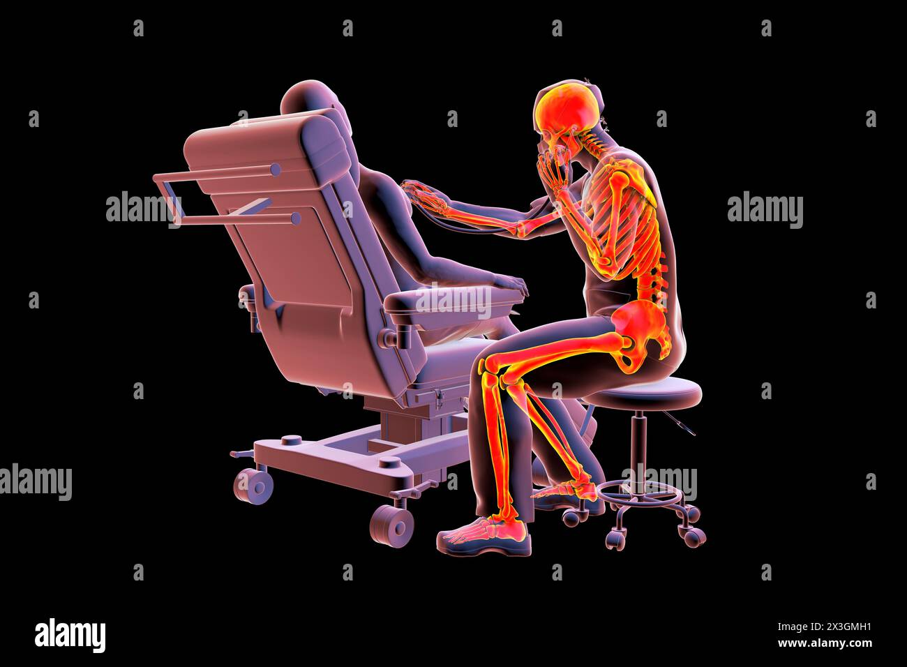 Illustration depicting a healthcare worker with a highlighted skeleton, symbolising skeletal disorders associated with the healthcare profession. Stock Photo